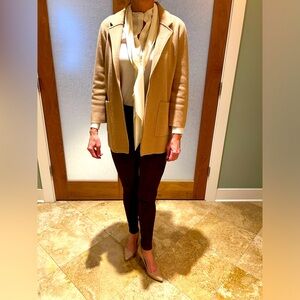 Camel wool cotton blend sweater by J Crew, versatile open front gently worn